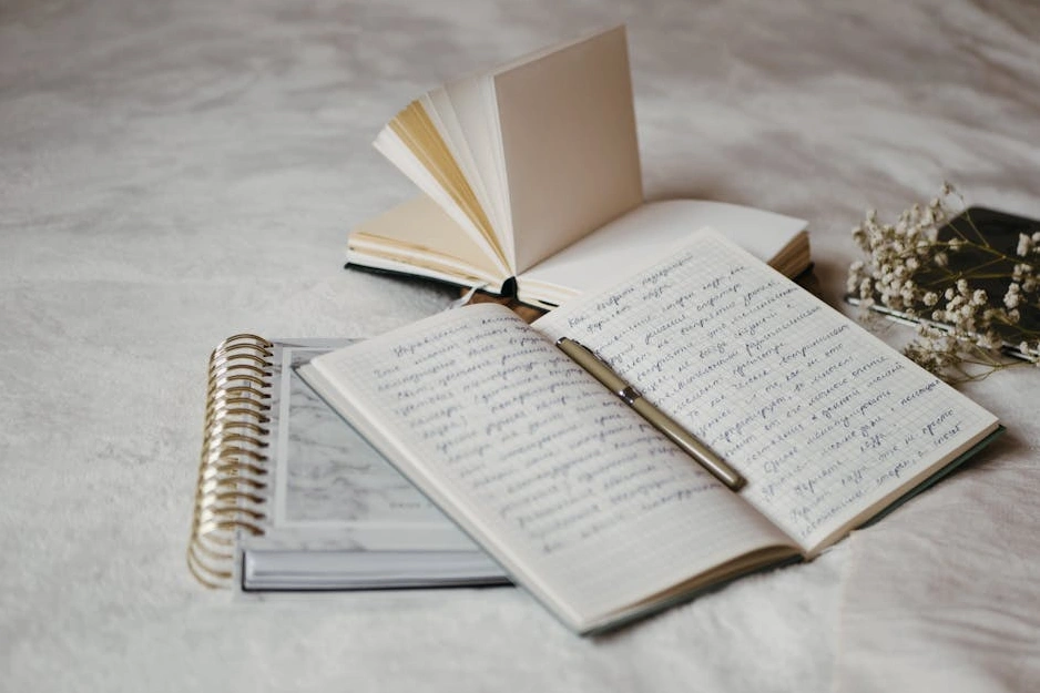 A professional writing detailed notes in a leather-bound notebook.